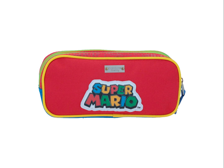 Lapicera azul de Mario Bros con cierre amarillo y rojo.