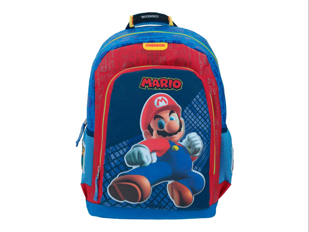 Mochila escolar Chenson de color azul y rojo con estampado frontal de Mario Bros para niño.