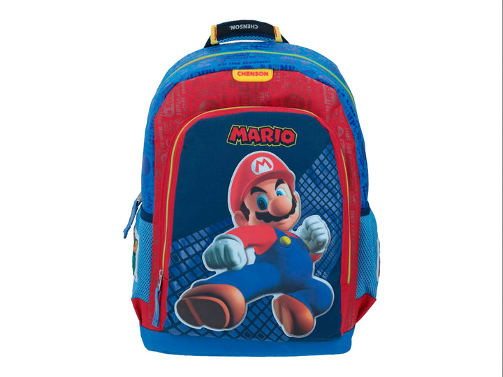 Mochila escolar Chenson de color azul y rojo con estampado frontal de Mario Bros para niño.