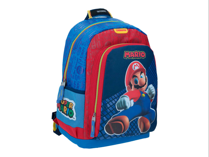 Mochila escolar Chenson de color azul y rojo con estampado frontal de Mario Bros para niño.