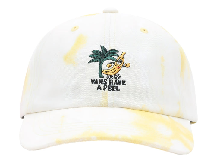 Gorra VANS con diseño tie-dye en tonos blanco y amarillo, visera curva y bordado tropical frontal.