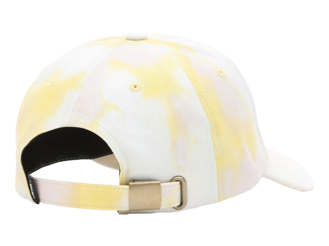 Gorra VANS con diseño tie-dye en tonos blanco y amarillo, visera curva y bordado tropical frontal.