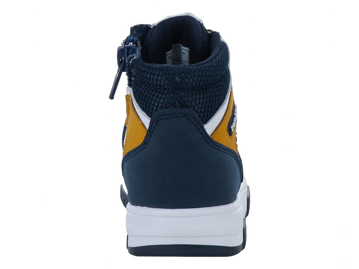 Tenis tipo bota para niño en colores azul marino y blanco con detalles en amarillo.