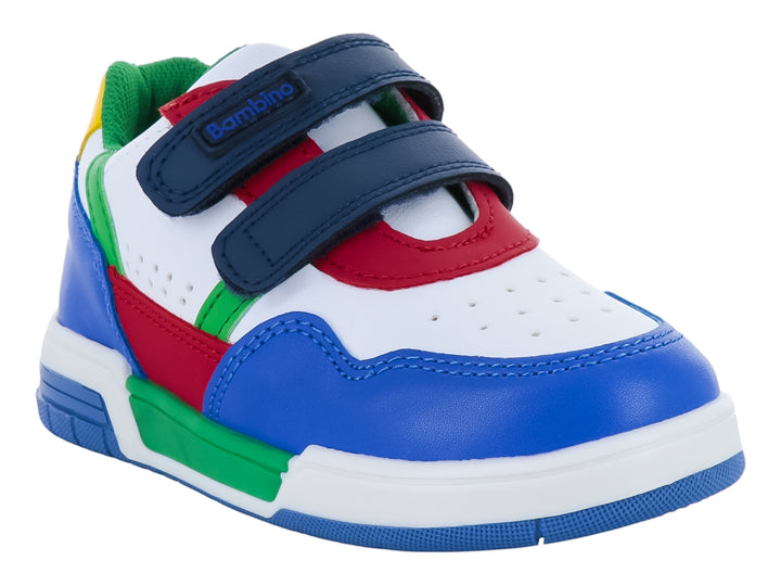 Tenis infantiles multicolor en azul, blanco, rojo y verde con cierre de velcro.