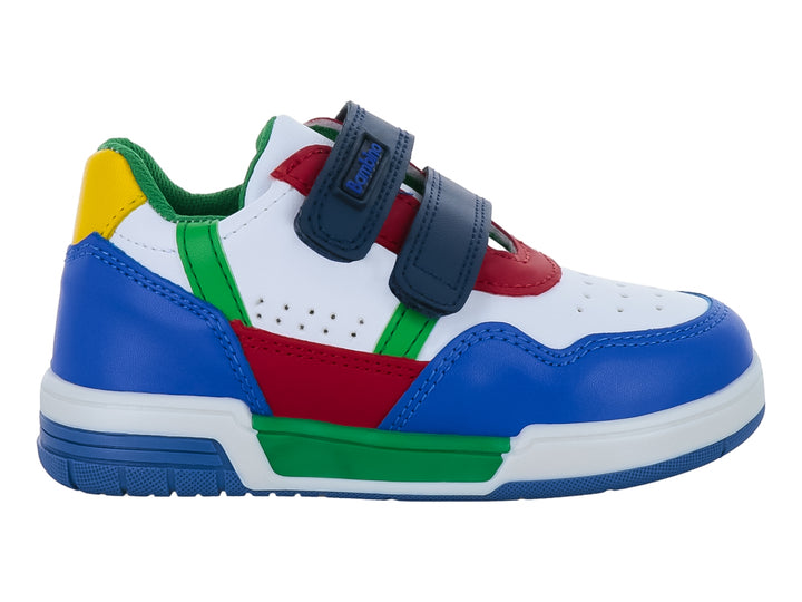 Tenis infantiles multicolor en azul, blanco, rojo y verde con cierre de velcro.