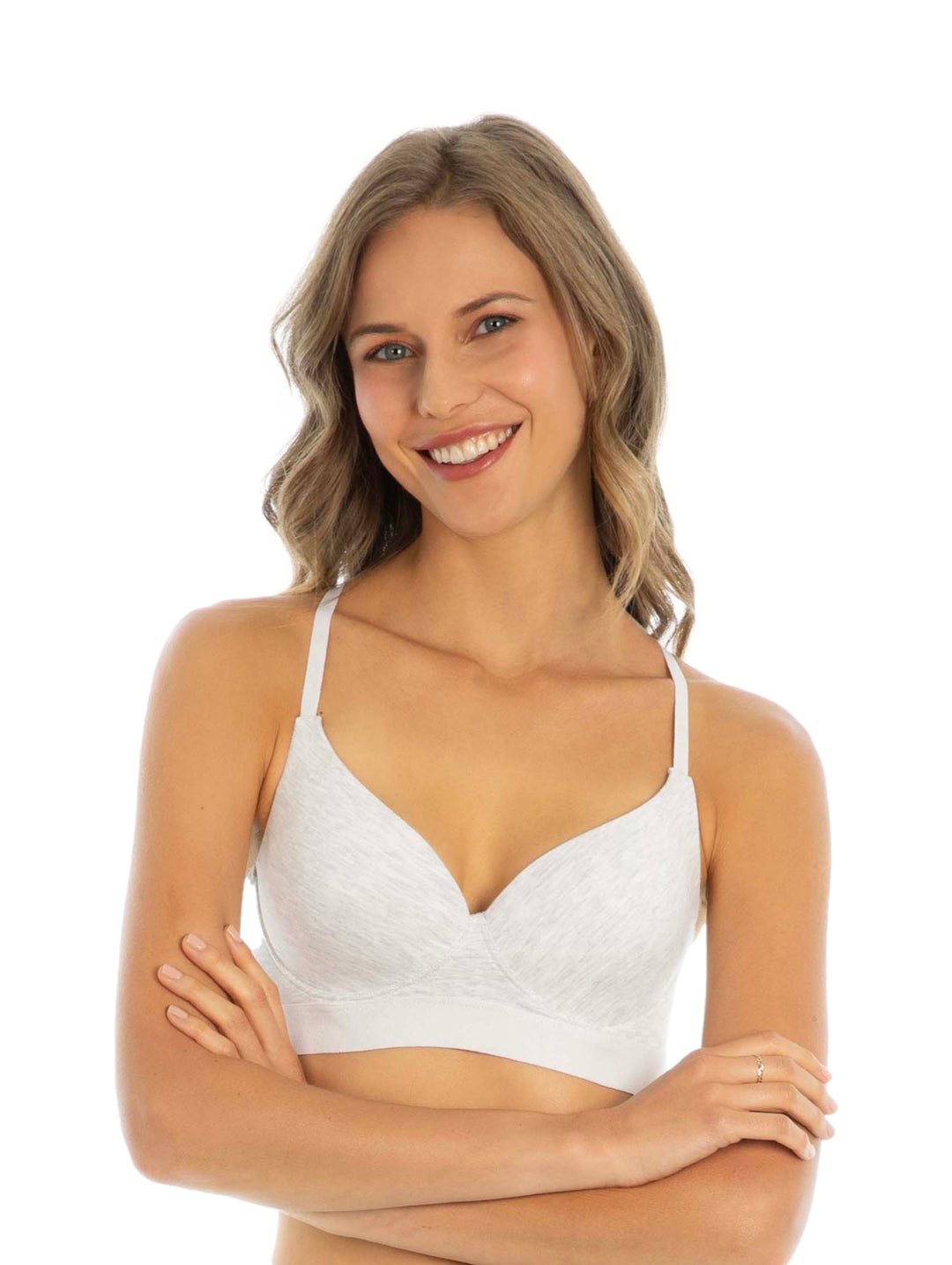 Mujer vistiendo un brasier liso de color gris claro jaspeado.