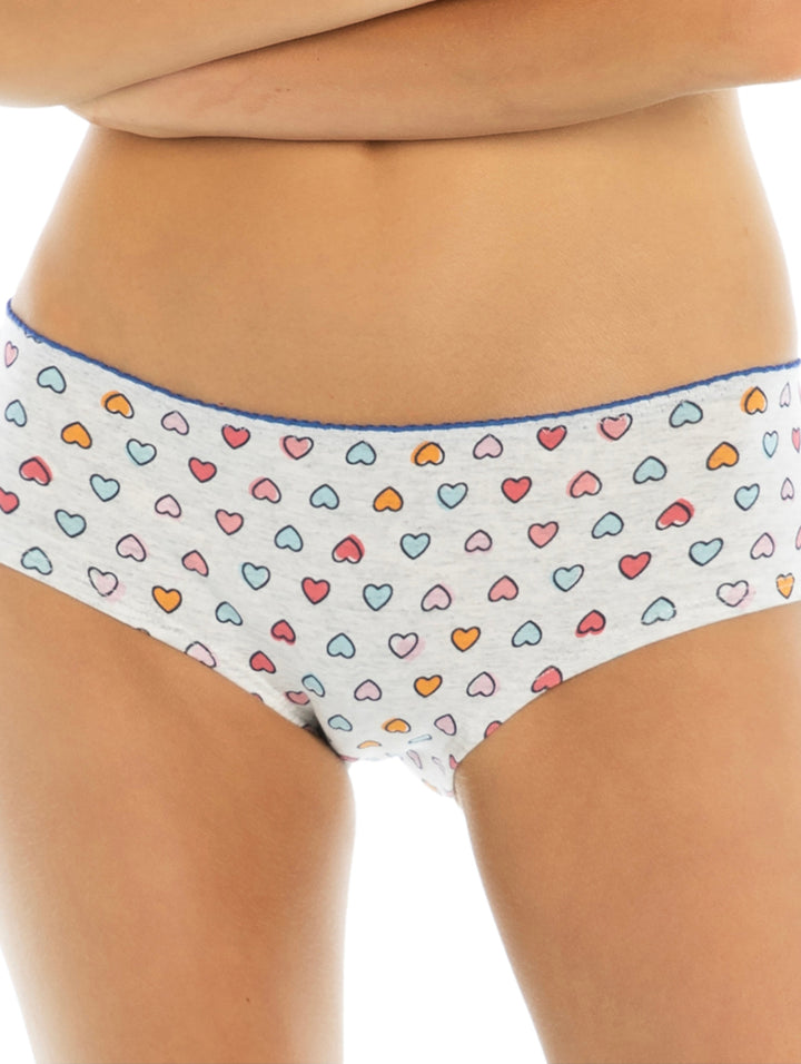 Pack de 3 bragas blancas para mujer con detalles en azul y estampados de corazones y figuras coloridas.