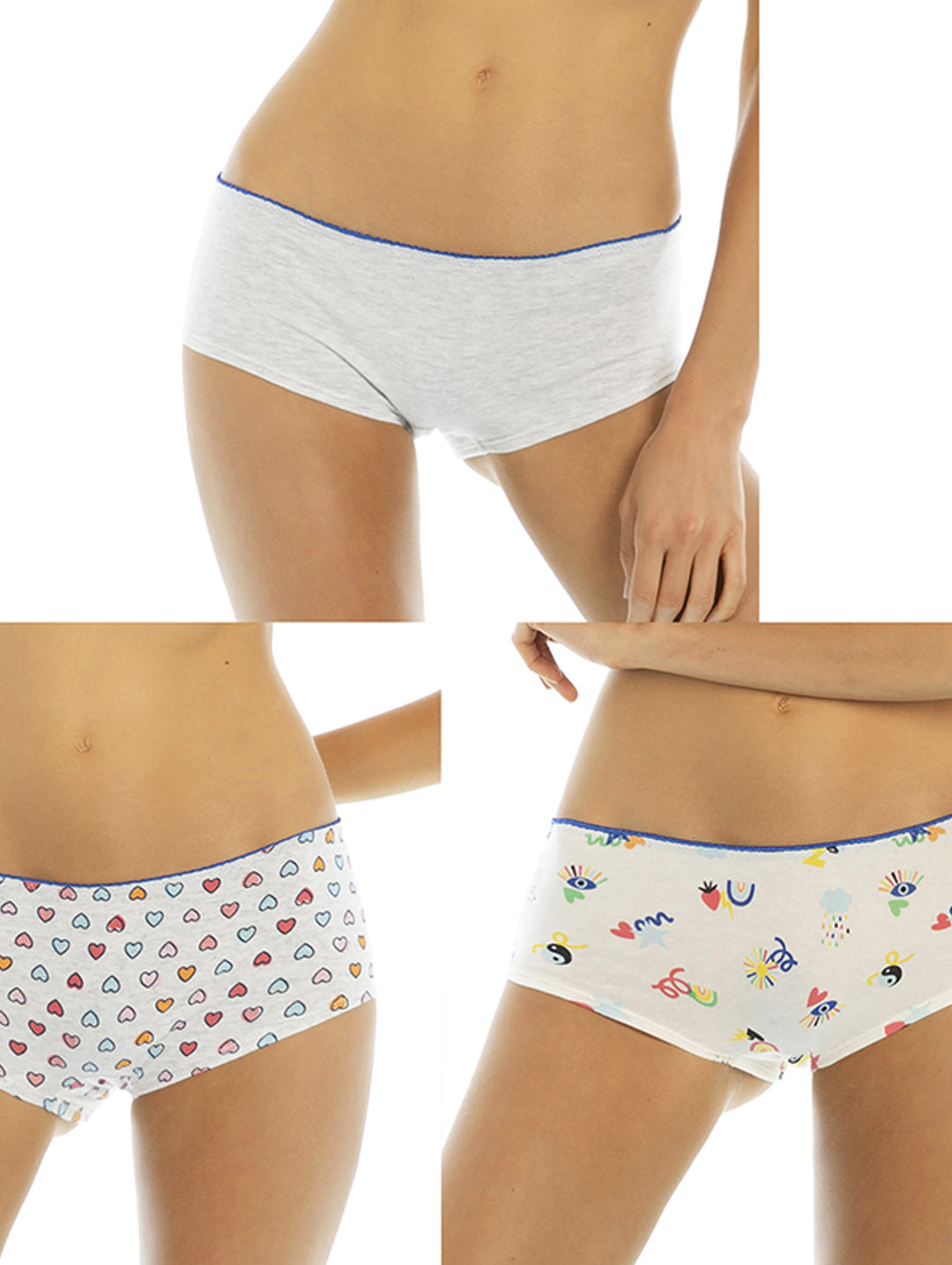 Pack de 3 mini boxers para mujer: uno gris y dos blancos con estampados coloridos.