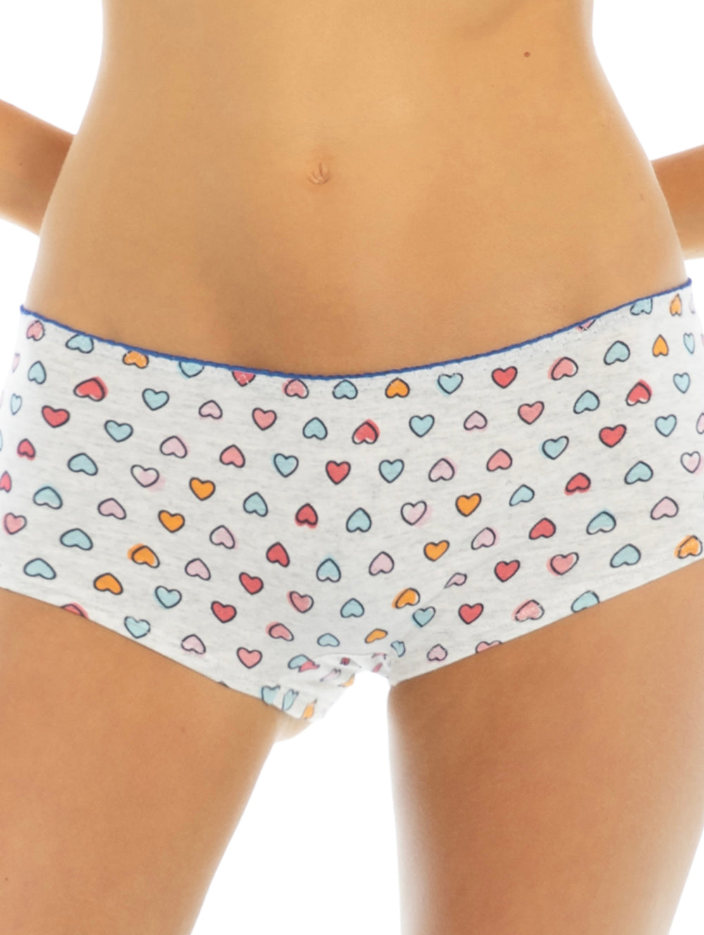 Pack de 3 mini boxers para mujer: uno gris y dos blancos con estampados coloridos.