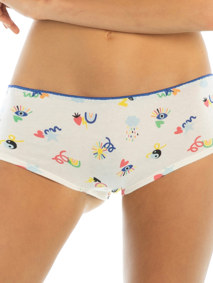 Pack de 3 mini boxers para mujer: uno gris y dos blancos con estampados coloridos.