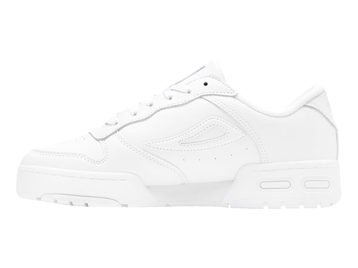 Tenis deportivos FILA para niño en color blanco total con suela ancha y detalles en relieve.