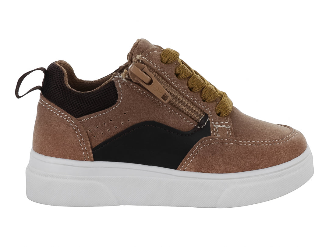 Tenis para bebé color topo con suela blanca, cordones mostaza y cierre lateral.