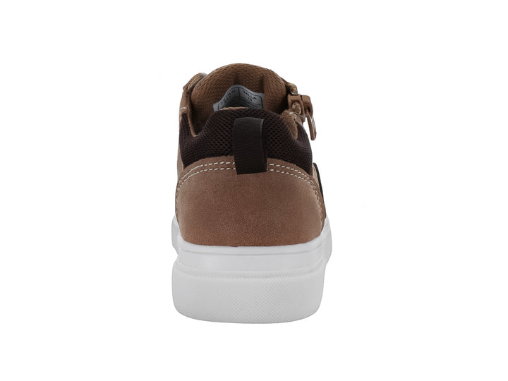Tenis para bebé color topo con suela blanca, cordones mostaza y cierre lateral.