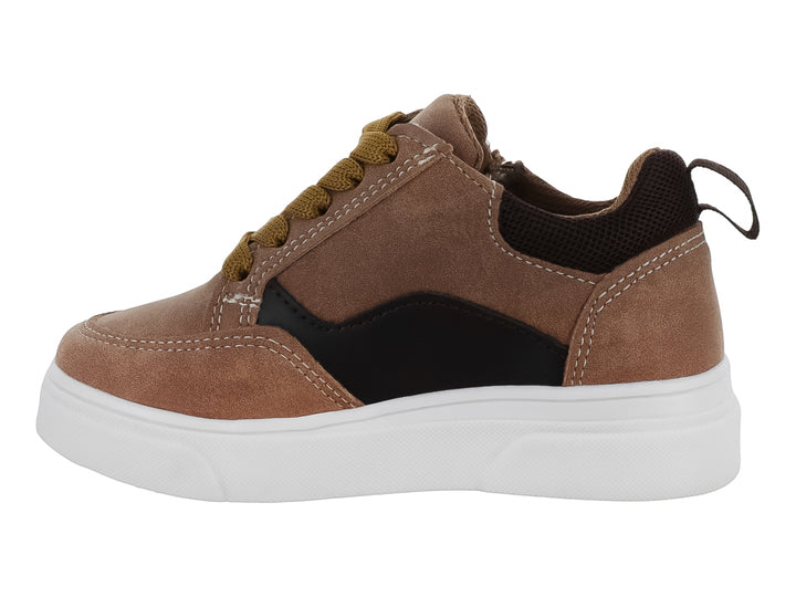 Tenis para bebé color topo con suela blanca, cordones mostaza y cierre lateral.