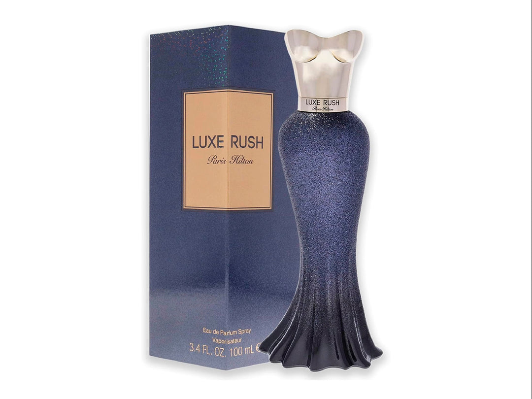 Perfume Paris Hilton Luxe Rush de 100ml en botella azul marino brillante con caja a juego y detalles dorados.