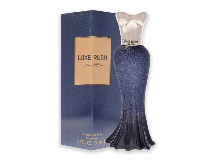 Perfume Paris Hilton Luxe Rush de 100ml en botella azul marino brillante con caja a juego y detalles dorados.