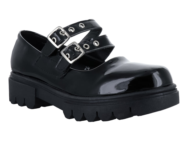 Zapato Mary Jane de charol negro con plataforma gruesa y doble correa con hebillas plateadas.
