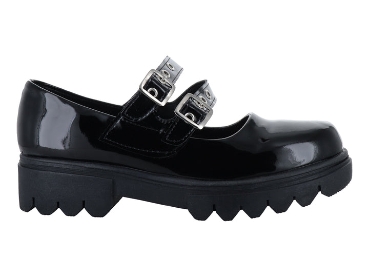 Zapato Mary Jane de charol negro con plataforma gruesa y doble correa con hebillas plateadas.