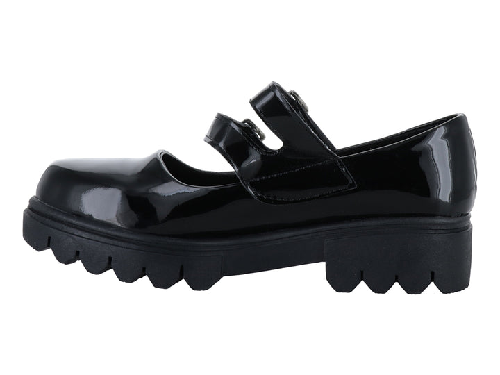Zapato Mary Jane de charol negro con plataforma gruesa y doble correa con hebillas plateadas.