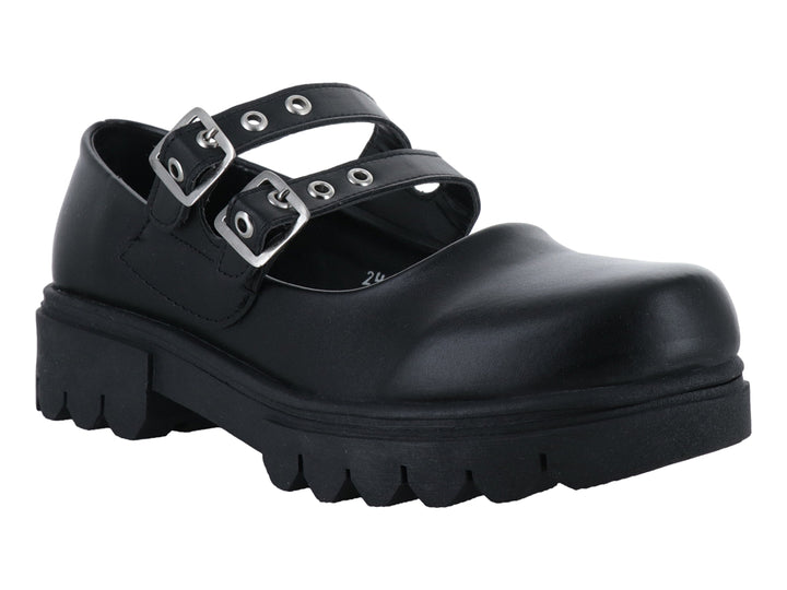 Zapato negro con suela de plataforma gruesa y dos correas con hebillas plateadas.