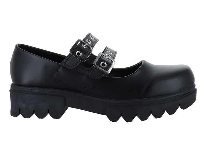 Zapato negro con suela de plataforma gruesa y dos correas con hebillas plateadas.