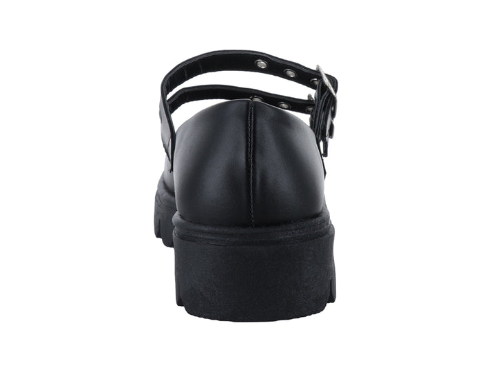 Zapato negro con suela de plataforma gruesa y dos correas con hebillas plateadas.