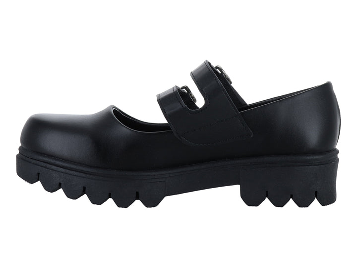 Zapato negro con suela de plataforma gruesa y dos correas con hebillas plateadas.