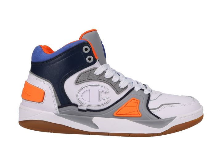 Tenis deportivos Champion de bota alta en colores blanco, azul marino, gris y naranja.
