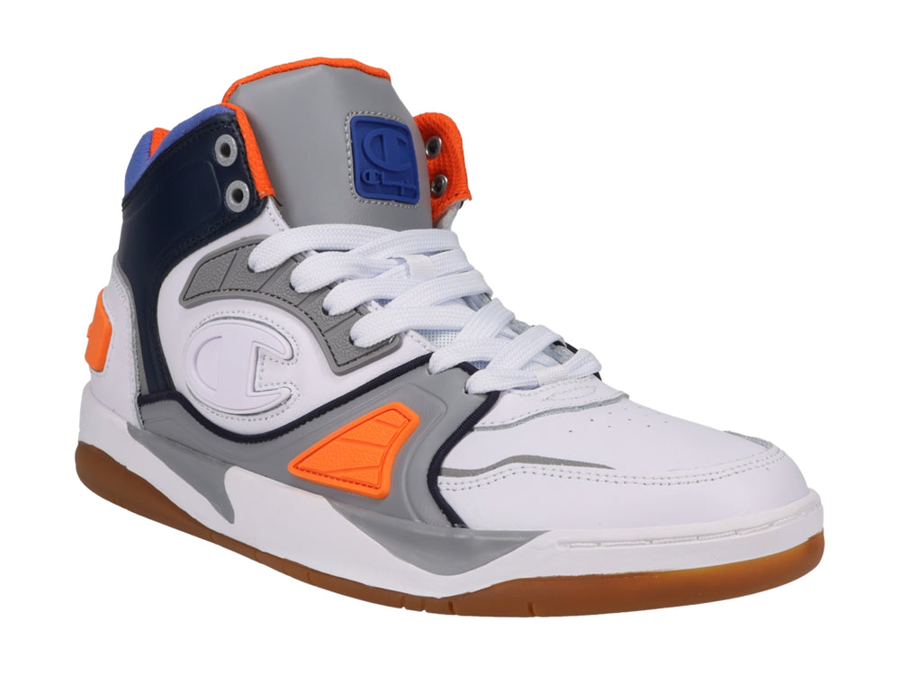Tenis deportivos Champion de bota alta en colores blanco, azul marino, gris y naranja.