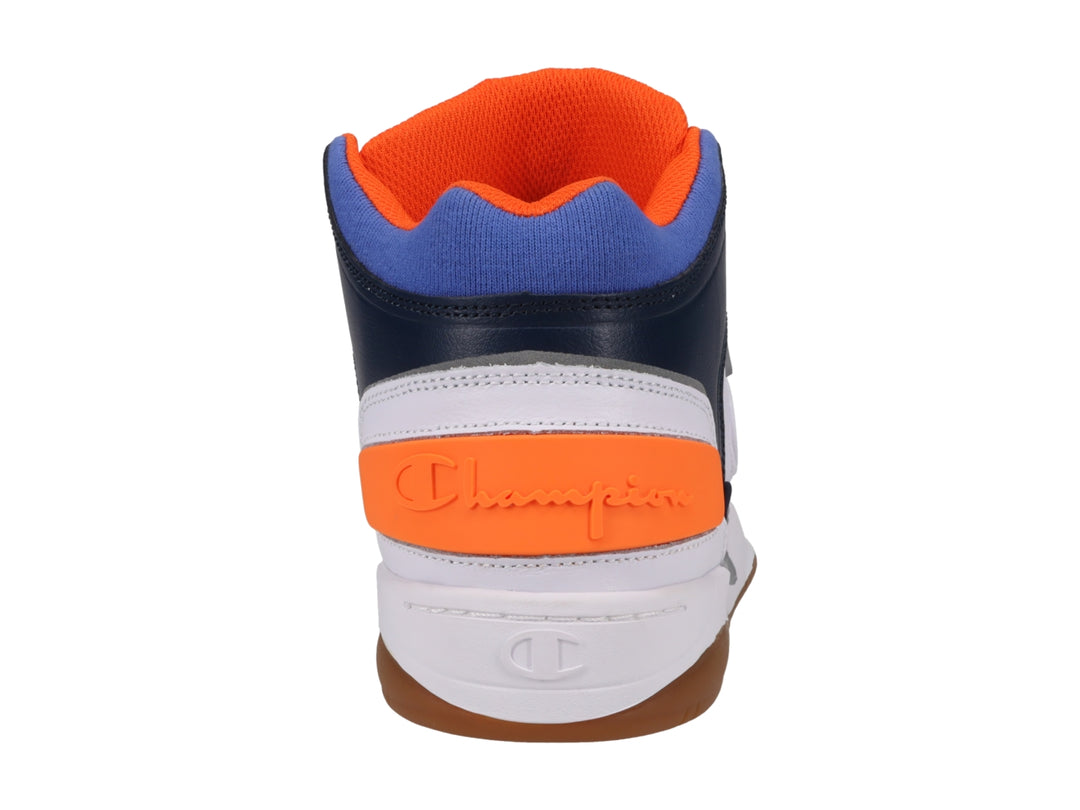 Tenis deportivos Champion de bota alta en colores blanco, azul marino, gris y naranja.