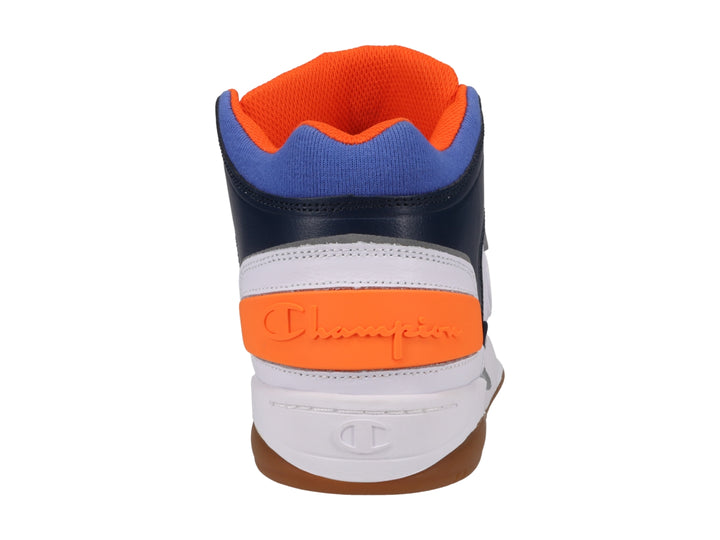 Tenis deportivos Champion de bota alta en colores blanco, azul marino, gris y naranja.