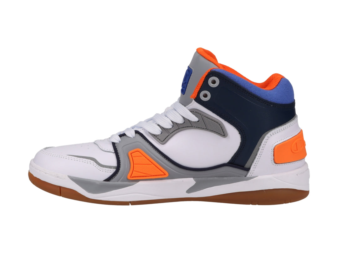 Tenis deportivos Champion de bota alta en colores blanco, azul marino, gris y naranja.
