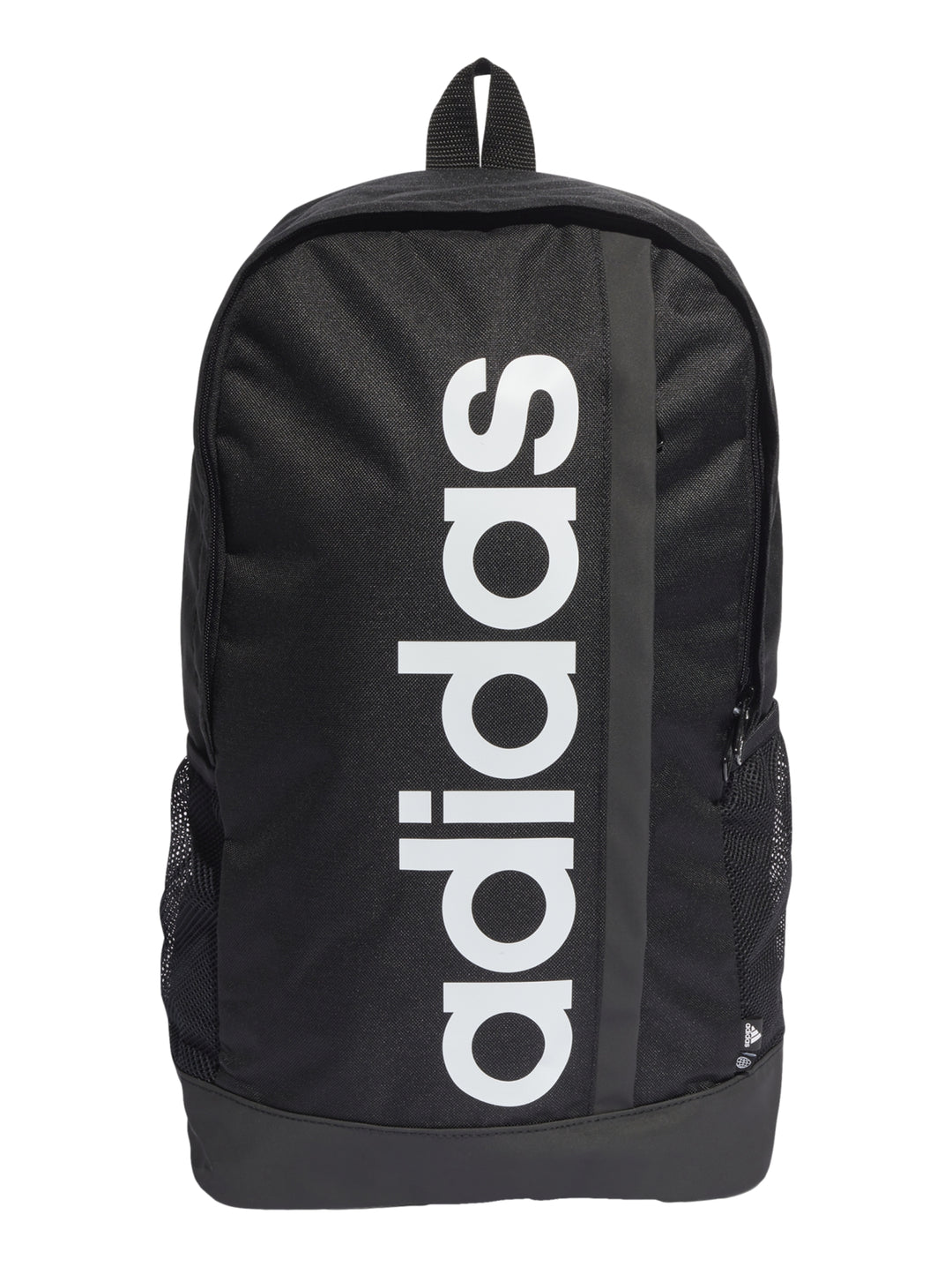 Mochila Adidas color negro con logotipo lineal blanco en el centro y bolsillos laterales de malla.
