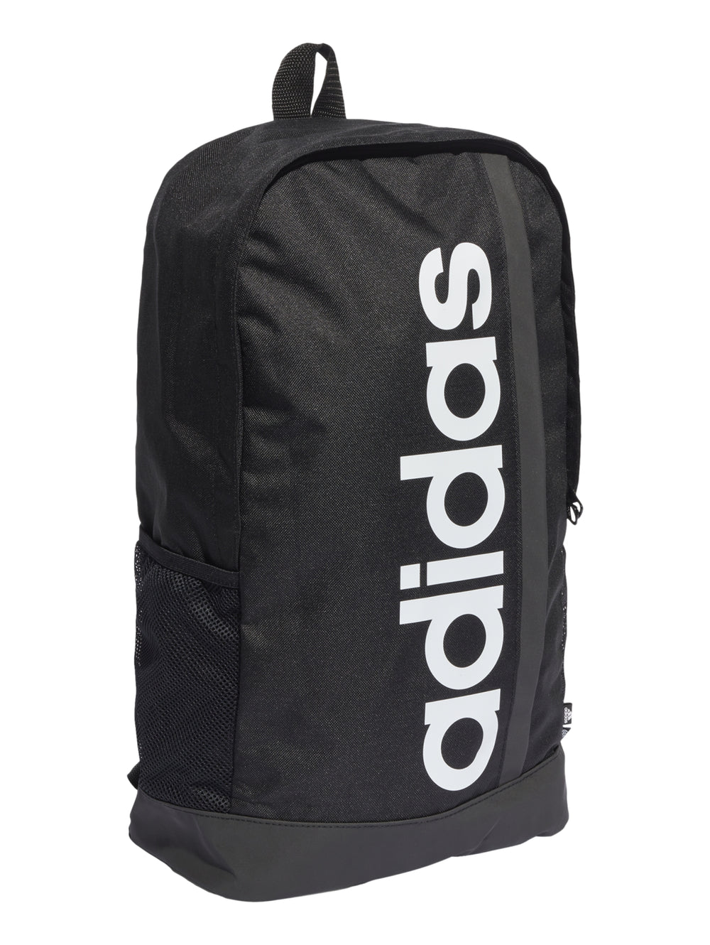 Mochila Adidas color negro con logotipo lineal blanco en el centro y bolsillos laterales de malla.