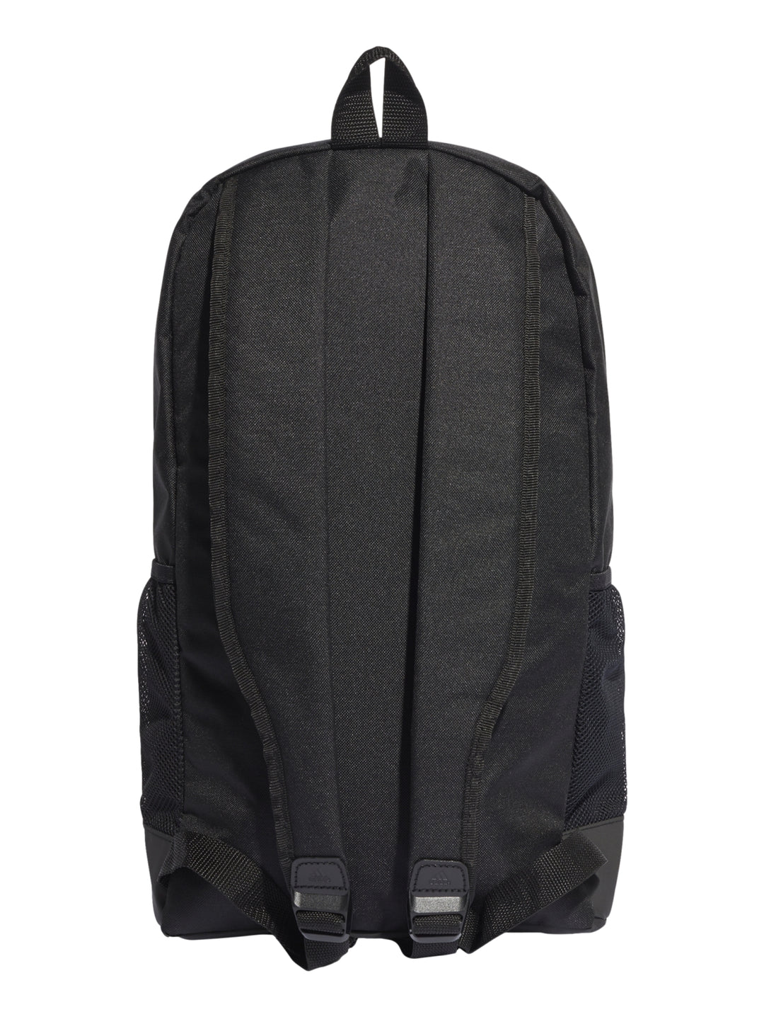 Mochila Adidas color negro con logotipo lineal blanco en el centro y bolsillos laterales de malla.