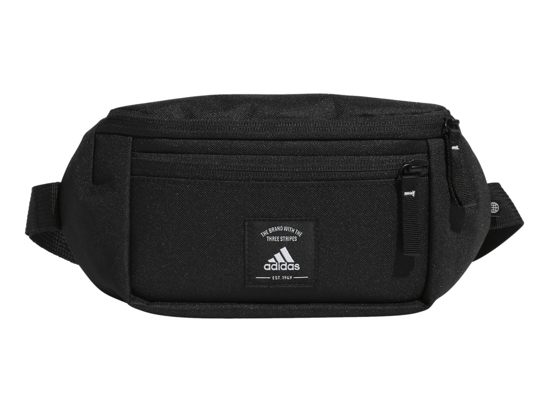 Cangurera Adidas de color negro con logotipo blanco frontal y cierre de cremallera.