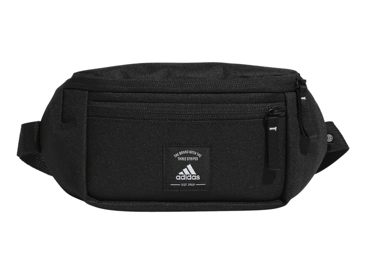 Cangurera Adidas de color negro con logotipo blanco frontal y cierre de cremallera.