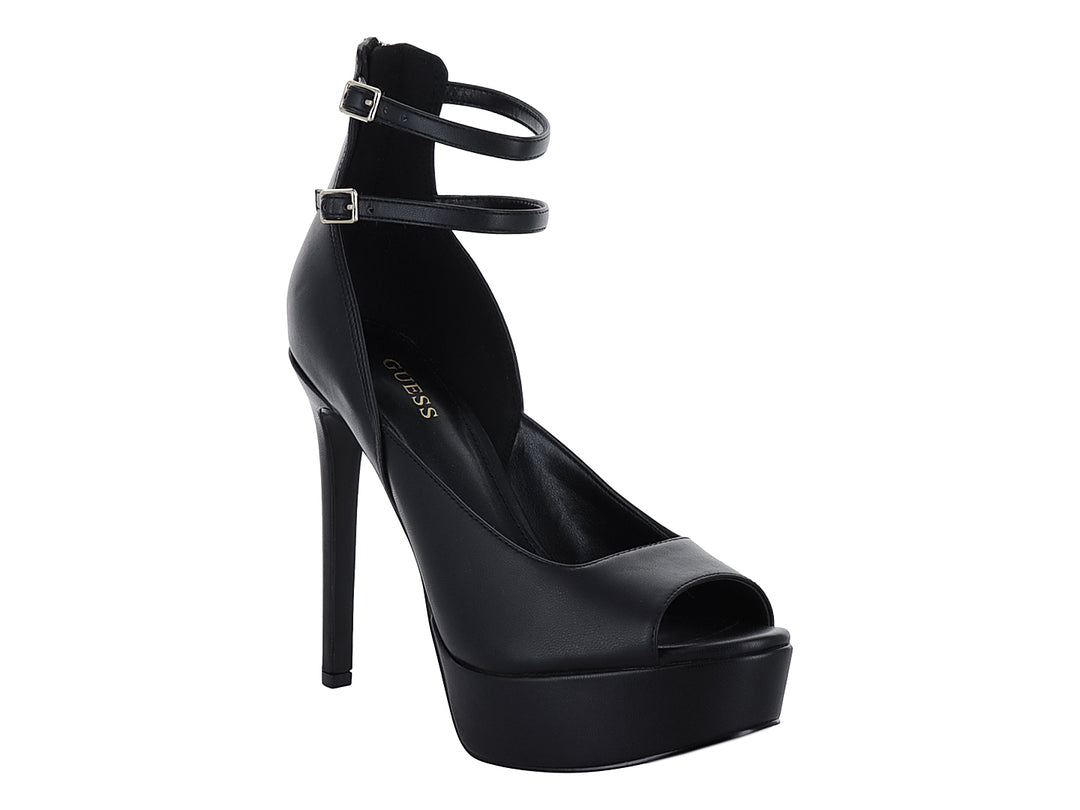 Sandalia negra de tacón alto y plataforma con correas ajustables al tobillo de la marca GUESS.