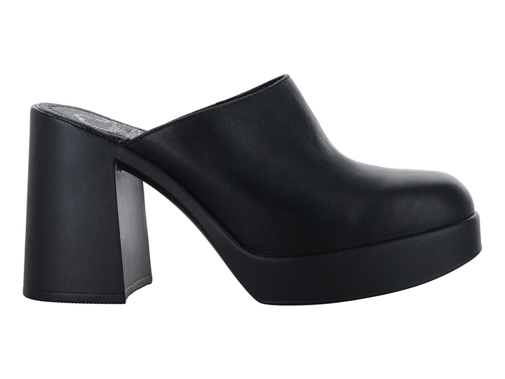 Zapatilla tipo mule color negro con plataforma alta y tacón grueso cuadrado.