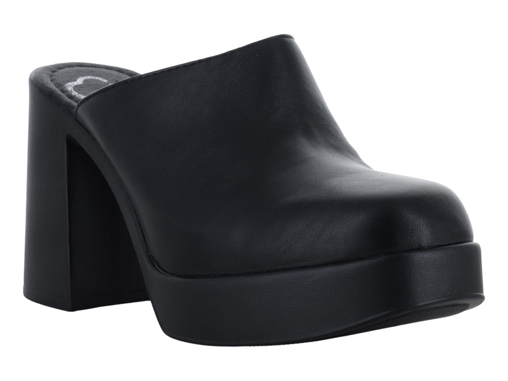 Zapatilla tipo mule color negro con plataforma alta y tacón grueso cuadrado.