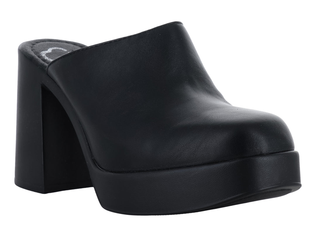 Zapatilla tipo mule color negro con plataforma alta y tacón grueso cuadrado.