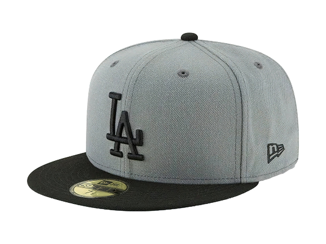 Gorra New Era de los Angeles Dodgers en color gris con visera y logotipo bordado en negro.