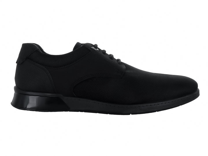 Zapato casual negro para hombre fabricado en nubuck y lona con cordones y suela a juego.
