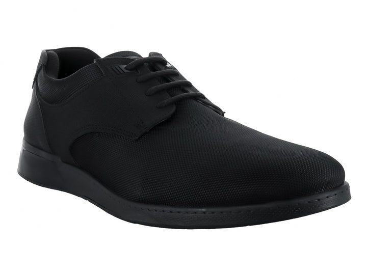 Zapato casual negro para hombre fabricado en nubuck y lona con cordones y suela a juego.