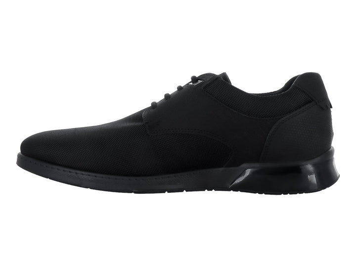 Zapato casual negro para hombre fabricado en nubuck y lona con cordones y suela a juego.