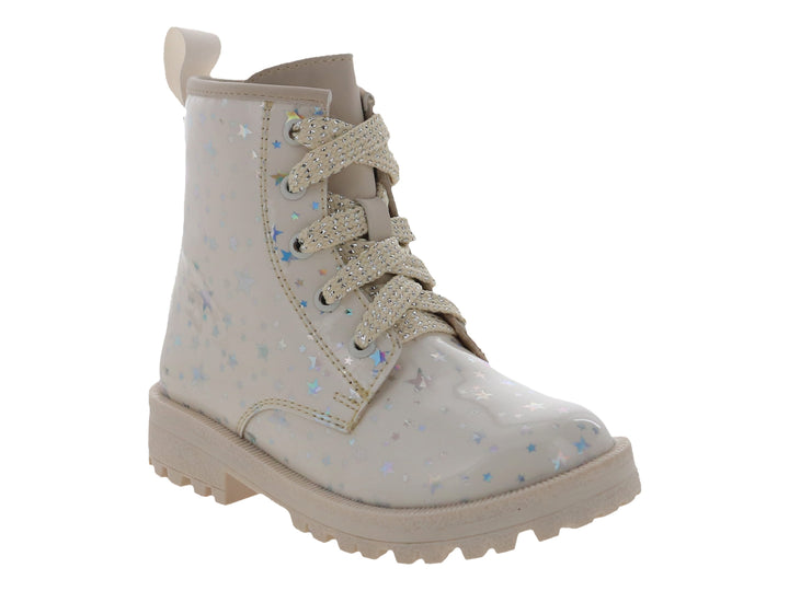 Bota infantil color beige con estampado de estrellas azules y suela track