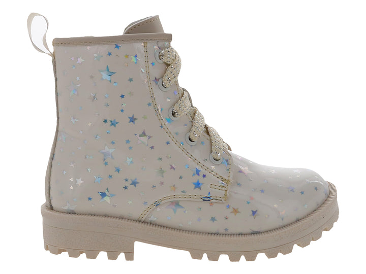 Bota infantil color beige con estampado de estrellas azules y suela track