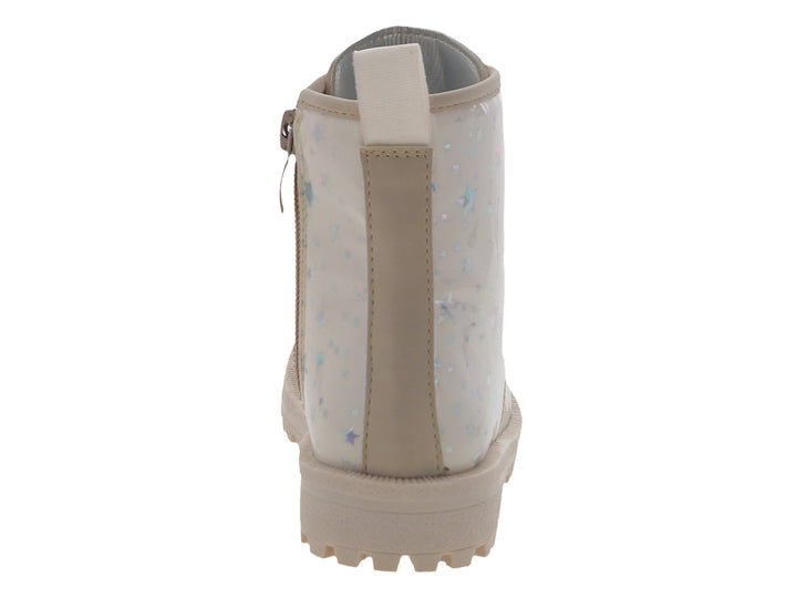 Bota infantil color beige con estampado de estrellas azules y suela track