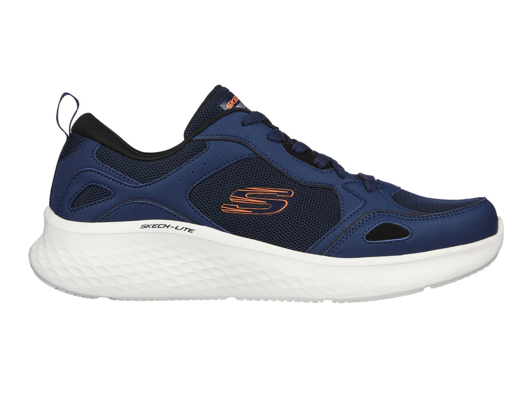 Tenis deportivos Skech-Lite Pro en color azul marino con suela blanca y detalles en naranja.