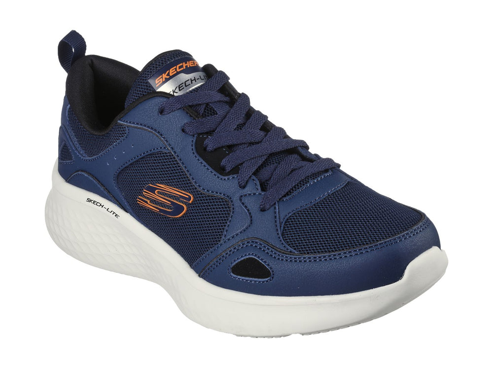Tenis deportivos Skech-Lite Pro en color azul marino con suela blanca y detalles en naranja.